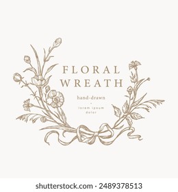 Marco floral. Corona de flores botánicas vintage dibujado a mano con cinta. Elegante Plantilla de logotipo. Ilustración vectorial para etiquetas, identidad corporativa, invitación de boda, monograma, emblema floral