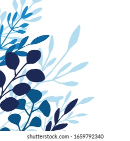 Floral frame of hand-drawn leaves and branches in blue shades on a white background with copy space.
