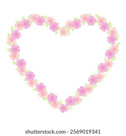 Floral frame in a heart shape isolated on a white background. Pink flowers and green leaves, flat style. The center of the image is free for your inscription. Template for decor, design element.