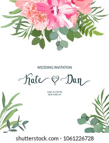 Floral frame with hibiscus, peony and eucalyptus. For wedding, Valentine's day, Birthday. Vector illustration. Watercolor style