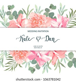 Floral frame with hibiscus, peony and eucalyptus. For wedding, Valentine's day, Birthday. Vector illustration. Watercolor style
