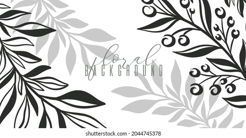 Floral frame horizontal organic design product.Leaf and tree branch elegant hand draw line style.Vector illustration.

