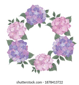 Floral frame with hydrangea flowers and leaves background template. Vector set of floral element for wedding invitations, greeting card, voucher, brochures and banners design.
