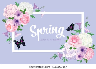 Floral frame with hydrangea, roses and morning glory flowers on purple background. Vector set of blooming floral for holiday's background, wedding invitations, greeting card and fashion design.