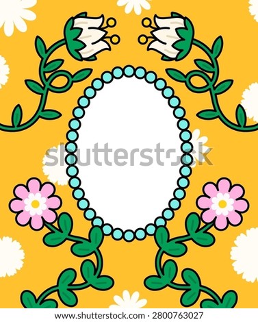 Floral frame illustration featuring blooming flowers, leafy vines, and a decorative pearl border surrounding a blank space for text or messages