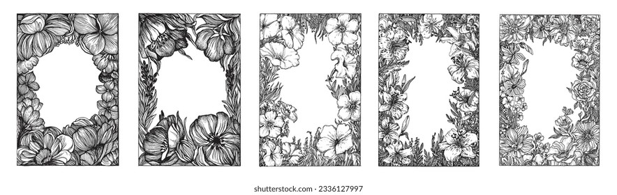 Floral frame illustrations set, Botanical frame, flowers background, greetings design