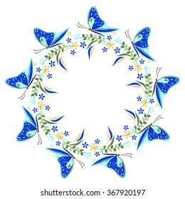 Floral frame with insects. Colorful flower, leaves and butterflies arranged in a shape of the circle. Vector design. Series of Cards, Blanks and Forms.