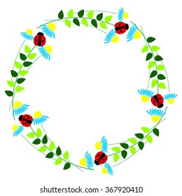 Floral frame with insects. Colorful flower, leaves and ladybugs arranged in a shape of the circle. Vector design. Series of Cards, Blanks and Forms.