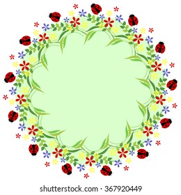 Floral frame with insects. Colorful flower, leaves and ladybugs arranged in a shape of the circle. Vector design. Series of Cards, Blanks and Forms.