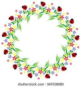 Floral frame with insects. Colorful flower, leaves and ladybugs arranged in a shape of the circle. Vector design. Series of Cards, Blanks and Forms.