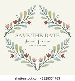 Marco floral aislado en el fondo beige. Corta cortina floral dibujada a mano perfecta para invitaciones de boda, medios sociales y tarjetas de felicitación. Plantilla de diseño de color plano 