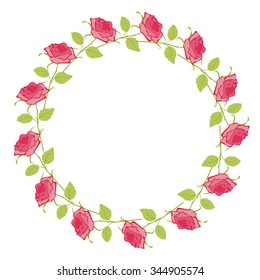 Floral Frame isolated over white background. Cute roses arranged in a shape of the wreath perfect for wedding invitations and birthday cards. Vector design. Hand painting.