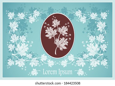 Floral frame or label with abstract flowers on blue background for advertising something