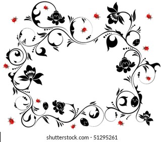 Floral frame with ladybug, element for design, vector illustration