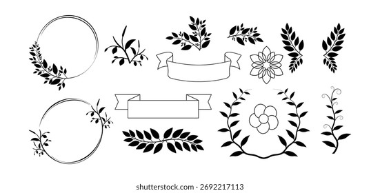 Floral frame and leaf decorative element set isolated on white background
