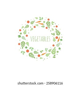 Floral frame with leaves and different vegetables. Vector template for design