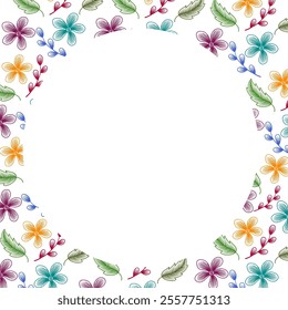 Floral frame with leaves and flowers, Colorful. Greenery ornamental frame with leaves and flowers, decorative border, corner for greeting cards, banners, business cards, invitations, menus. 