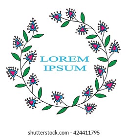 Floral frame with leaves and flowers and place for text. Vector illustration circle template with flower can be used to design for T-shirt, greeting card, poster, wedding or party  invitation. 