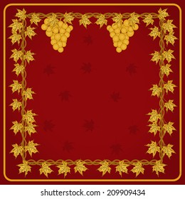 floral frame from leaves and grapes on a red background, vector