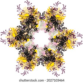 Floral frame like a star on white for holidays and events. Colorful flower splashes for backgrounds and textures, postcards, tattoos, wallpaper, textiles, posters, prints on T-shirts, etc.