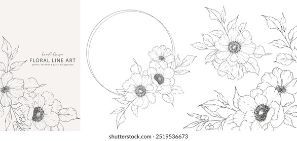 Arte de la línea del marco floral. Dibujo de la flor de tinta. Arte de línea floral. Ilustración de anémona. Ramo de arte de línea.  Ilustración de Anémona de línea fina. Flores dibujadas a mano. Colorante botánico. invitación de Boda