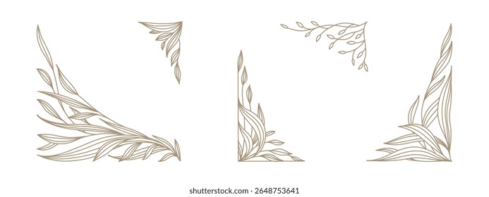Floral frame in line art style set. Hand drawn botanical decoration corners with flowers and leaves. Vector vintage illustration for poster, social media, packaging, wedding invitation, card	