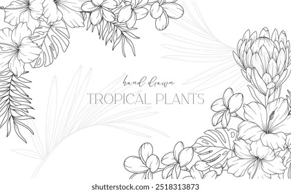 Floral Frame. Line Art Tropical Plants. Floral Line Art. Flower Coloring Page. Fine Line Tropical Greenery illustration. Hand Drawn flowers. Tropical Wedding invitation flowers