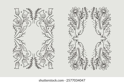 Floral frame line art vector illustration for poster, invitation or card