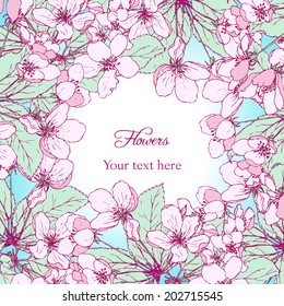 Floral frame with line drawing apple blossoms,  vector illustration