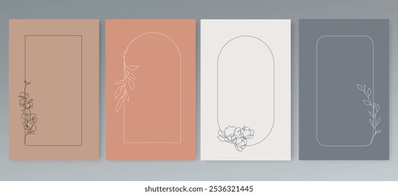 Floral Frame Line Drawing Set. Spring Floral Template with Social Media, Cards, Banners, Posters. Leaves Line Art Cards Collection. Vector Illustration for Spring Design, Invitation, Mobile apps, Web	