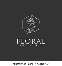 Floral frame line logo icon vector template.
