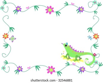 Floral Frame with Lizard, Butterfly, and Dragonfly Vector