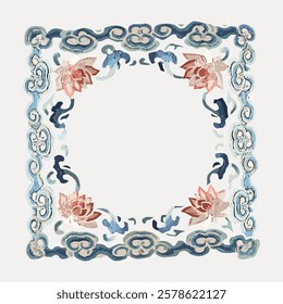 Floral frame with lotus motifs, ornate floral design, lotus flowers, decorative floral border, lotus-themed. Vintage flower illustration, vector.