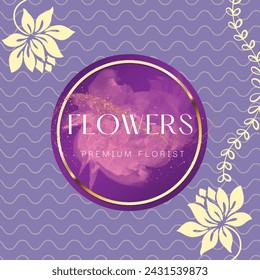 Floral frame with lotus on purple background. Vector set of blooming flowers for wedding invitation and greeting card design