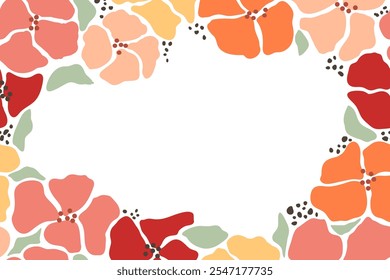 Floral frame made of flowers in boho style. Botanical background of primitive shapes in peach fuzz and pistachio green colors. Fashionable template for cover, banner with place for text