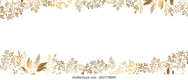 Floral frame made of golden branches and leaves. Luxurious golden wallpaper.White background and beautiful leaves at the top and bottom of the illustration. Vector illustration.