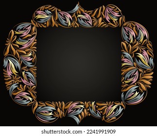Floral frame made of leaves vector vintage design, decorative blank classic style border, luxury beautiful background, invitation or greeting card with place for text.