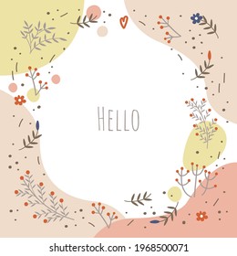 Floral frame made of plants, flowers and leaves. Vector flat illustration.