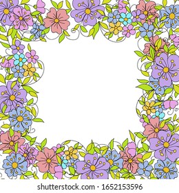 Floral frame made of small decorative flowers in folk style. Botanical hand drawn illustration for design greeting cards Valentines day and weddings