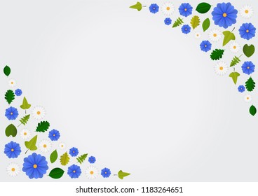 Floral frame made of white and blue daisy flowers, green leaves on white background. Realistic. Illustration. Daisy background. Frame of flower buds.