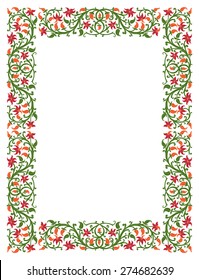 Floral frame in medieval style. Ornament of interwoven stems, foliage and flowers. Vector edging, design element and page decoration