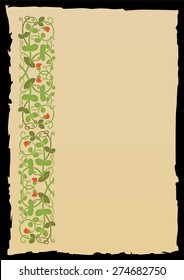 Floral frame in medieval style. Ornament of interwoven stems, foliage and flowers. Vector edging, design element and page decoration
