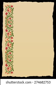 Floral frame in medieval style. Ornament of interwoven stems, foliage and flowers. Vector edging, design element and page decoration