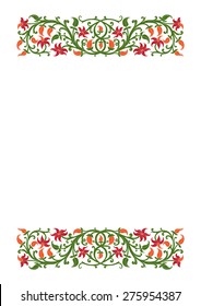 Floral frame in medieval style. Ornament of interwoven stems, foliage and flowers. Vector edging, design element and page decoration