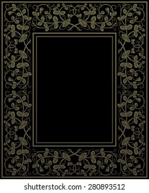 Floral frame in medieval style. Ornament of interwoven stems, foliage and flowers. Vector page decoration