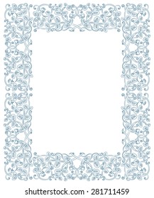 Floral frame in medieval style. Ornament of interwoven stems, foliage and flowers. Vector page decoration