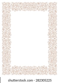 Floral frame in medieval style. Ornament of interwoven stems, foliage and flowers. Vector page decoration