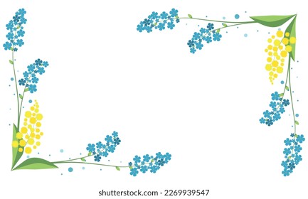 Floral Frame with mimosa and forget-me-nots, leaves, flowers, vintage, vector