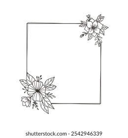 Floral frame minimalist design with hand drawn flowers and leaves square shape for wedding invitation or greeting card