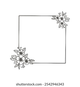 Floral frame minimalist design with hand drawn flowers and leaves square shape for wedding invitation or greeting card